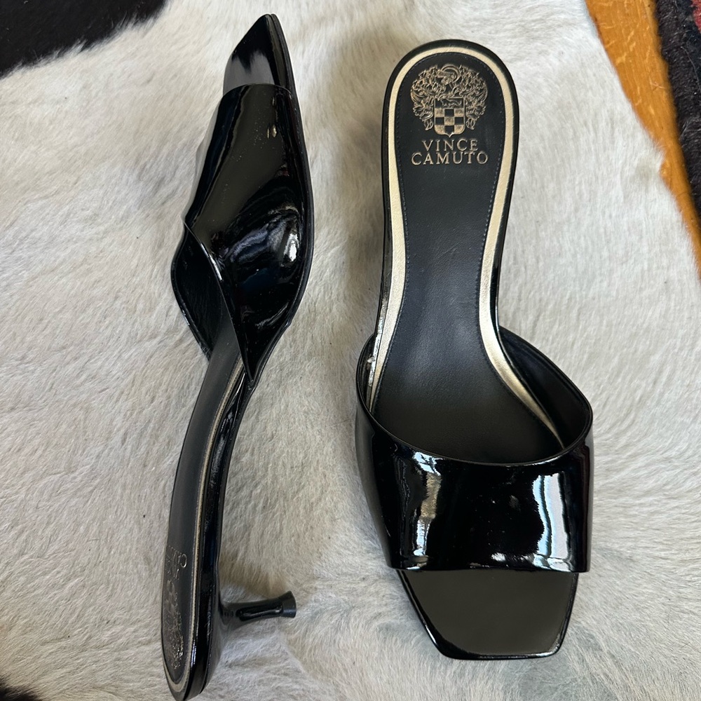 Vince Camuto Black patent leather kitten heel mule sandals